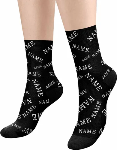 Vista 2 de Artsadd Calcetines personalizados con texto y foto de nombre Tu texto en color sólido Negro Personalizado Divertido Crew Sock Regalos