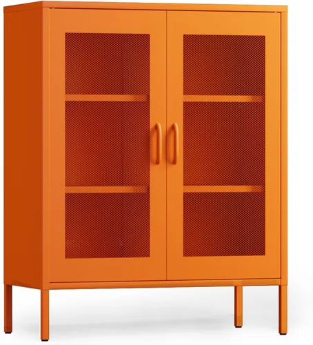 Vista 9 de COFaR Armario de almacenamiento de metal con puertas de malla, armario de metal negro con estantes, soporte corto de TV para barra de café, aparador