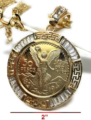 Vista 2 de Fran & Co. Moneda chapada en oro Centenario Mexicano Moneda 50 Pesos Cadena Colgante CZ Oro Cadena 26", Metal