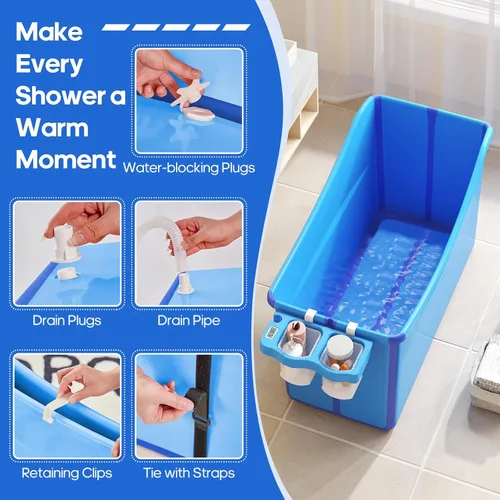 Vista 4 de Bañera plegable para bebé, bañera plegable para niños pequeños, bañera portátil grande plegable para niños pequeños pequeña con termómetro y cesta
