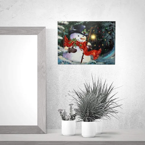 Vista 7 de Lienzo de muñeco de nieve iluminado con linterna LED, impresión de escena de invierno de Navidad, decoración navideña para colgar en la pared