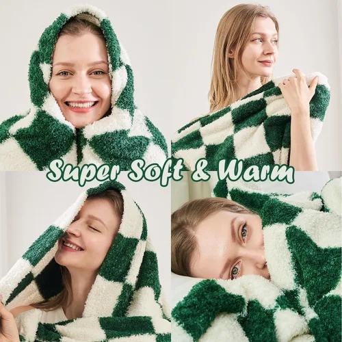 Vista 7 de Qeils Manta a cuadros de microfibra súper suave de punto verde bosque para sofá, silla, cama, camping, manta ligera de viaje - 60 x 80 pulgadas