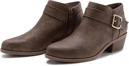 Vista 5 de Athlefit Botines gruesos de tacón bajo para mujer, botines clásicos con punta puntiaguda y cremallera lateral