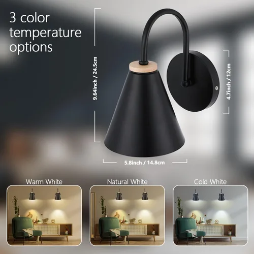 Vista 2 de Aplique de pared industrial de madera sintética negra, funciona con pilas, fácil de instalar, sin cables, bombilla LED regulable con control remoto