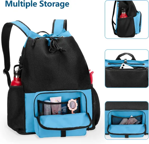 Vista 4 de Fasrom Mochila de playa de malla con cremallera inferior, mochila deportiva para gimnasio, natación, playa, piscina y viajes (diseño patente), Azul