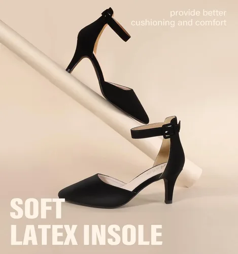 Vista 5 de Ankis Zapatos de tacón bajo para mujer, tacón de punta cerrada color negro y dorado para mujer, zapatos de vestir, tacón bajo para boda, novia