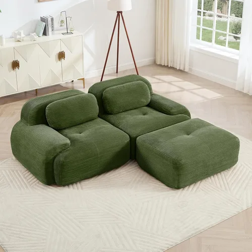 Vista 55 de Sofá moderno comprimido sin armazón de 116", sofás seccionales de 3 plazas para sala de estar, sofá seccional modular de pana verde nube, espuma