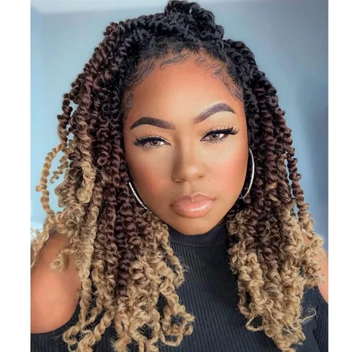 Vista 27 de Leeven Cabello rubio degradado de 14 pulgadas, pretrenzado y trenzado de pasión, 8 paquetes de extensiones de cabello sintético bohemio para mujeres