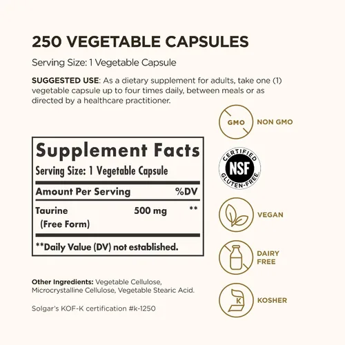 Vista 2 de Solgar Taurina 500 mg, 250 cápsulas vegetales - Antioxidante - Salud cerebral - Aminoácidos - Vegano, sin gluten, sin lácteos, Kosher - 250 porciones