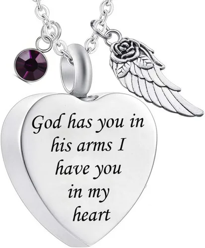 Vista 19 de Dios te tiene en sus brazos con dije de ala de ángel para cenizas de cremación, collar de urna conmemorativa con cristal de piedra natal Abril