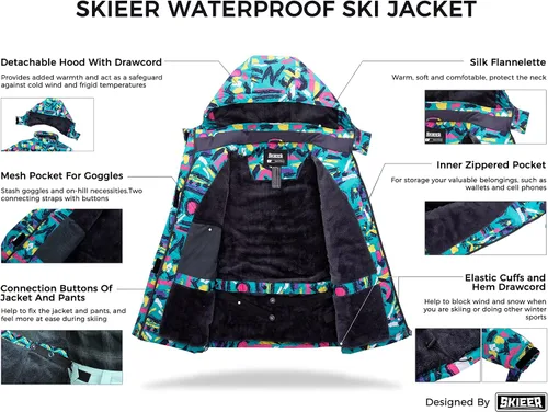 Vista 3 de Skieer Chaqueta de esquí para mujer, impermeable, resistente al viento, chaqueta de snowboard cálida con capucha para invierno