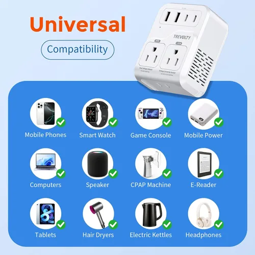 Vista 5 de Convertidor de voltaje de 2000 W de EE. UU. a Europa para secadores de pelo, convertidor de 220 V a 110 V para viajes europeos con 3 puertos AC/2