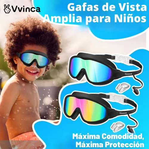 Vista 2 de Vvinca Gafas de natación para niños, con tapones para los oídos y clip para la nariz, visión amplia, antivaho y UV, para niños y niñas de 3 a 15 años