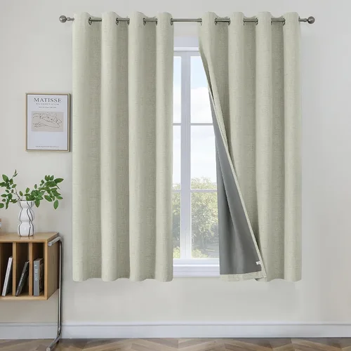 Vista 19 de Joydeco Cortinas negras 100% opacas para dormitorio, oscurecimiento de habitación, aislamiento térmico, cortinas cortas texturizadas con ojales