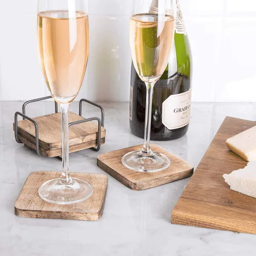 Vista 2 de Juego de 6 posavasos de madera con soporte, posavasos de madera absorbentes naturales para bebidas, juego moderno de posavasos para protección