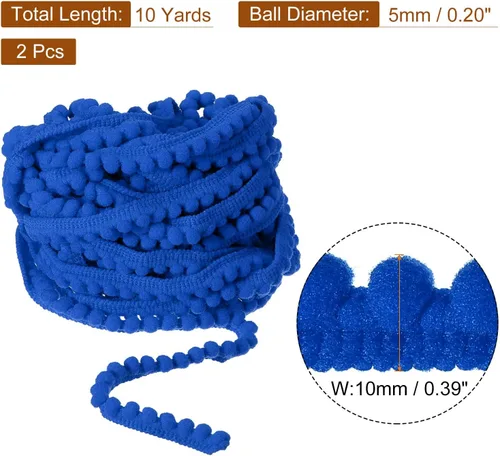 Vista 2 de uxcell 2 piezas de 10 yardas con flecos de pompones, accesorio de costura de cinta, manualidades para el hogar, cortina, ropa, decoración de Azul