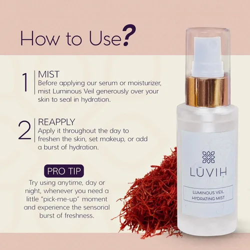 Vista 3 de LUVIH Bruma facial luminosa con velo con agua de rosas, azafrán, jazmín y neroli - Bruma facial hidratante y calmante para un cuidado de la piel