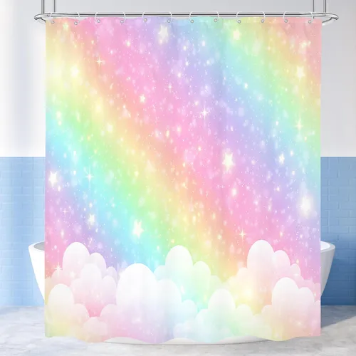 Vista 8 de Cortina de ducha colorida de lunares de 60 pulgadas de ancho x 72 pulgadas de alto, para niños, diseño de arco iris, linda geometría