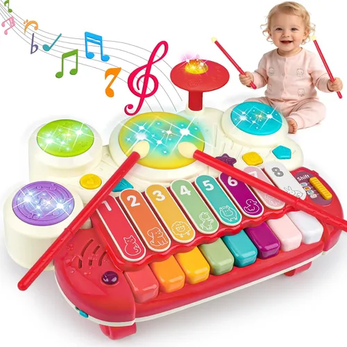 Vista 10 de Juguetes Musicales para Bebés 3 en 1 Piano Teclado Xilófono Juego de Tambores para Niñas y Niños de 1 Año Juguetes Edad 2 Años Instrumento Musical