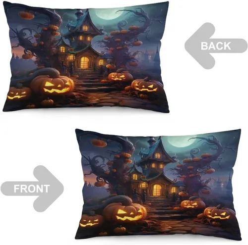 Vista 3 de Fundas de almohada frescas de casa embrujada, castillo, luna, bosque medieval, calabaza, fundas de almohada rectangulares con cremallera invisible