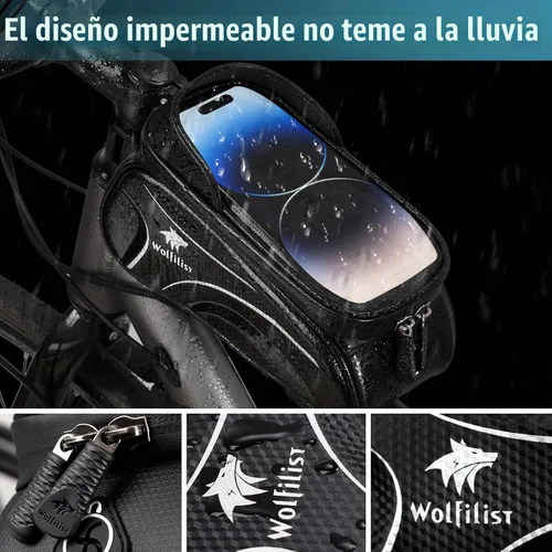 Vista 5 de WOLFILIST Bolsa de bicicleta - Bolsa impermeable para marco de bicicleta con cubierta de lluvia para visera solar, soporte para teléfono