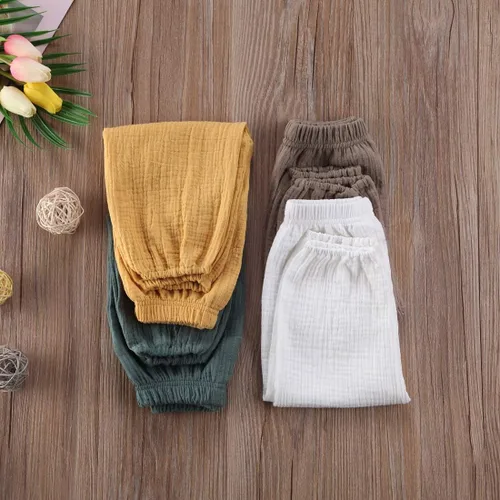 Vista 11 de Paquete de 3 pantalones de algodón y lino para bebés, niños y niñas, color liso, ropa básica para bebés