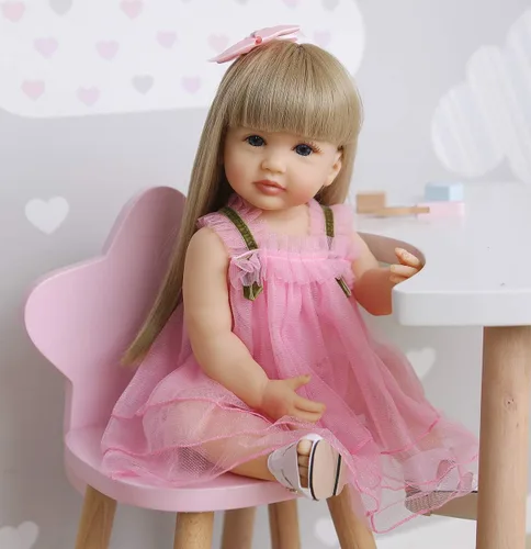 Vista 6 de Muñeca realista Reborn de silicona de 24 pulgadas, muñeca de bebé realista Reborn niña, cabello rubio rizado, ojos azules, cuerpo de tela suave