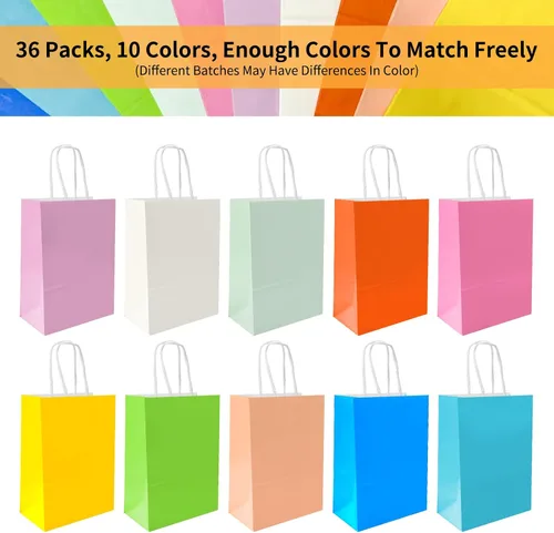 Vista 2 de XEMGUE Paquete de 36 bolsas de regalo pequeñas con asas, 10 coloridas bolsas de papel para recuerdos de fiesta de cumpleaños de niños, baby shower