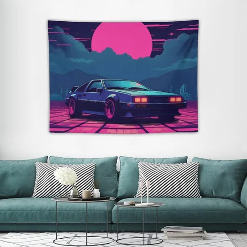 Vista 3 de josnmre Retrowave Jdm Classic Car Retro Cyberpunk Tapestry Wall Hanging for Bedroom Aesthetic Art Home Decor Dorm Classroom Living Room Tapestries