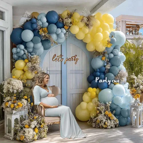 Vista 2 de Kit de arco de globos azul polvoriento, amarillo, doble relleno, azul pastel oscuro, amarillo claro, guirnalda de globos de perlas para cumpleaños