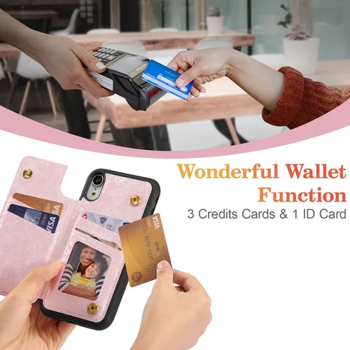 Vista 4 de UEEBAI Funda tipo cartera para iPhone 13 con tarjeteros, piel sintética, diseño floral, función atril, bloqueo RFID, doble cierre magnético, funda