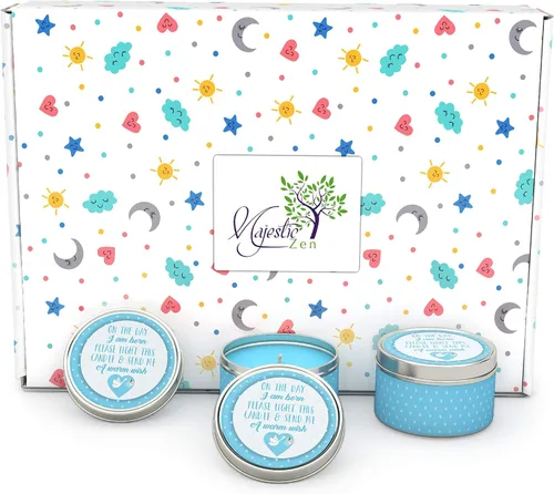 Vista 9 de Majestic Zen Juego de regalo de velas para baby shower, paquete de 9 velas de cera de soja perfumadas neutrales, aroma a polvo fresco para bebé, 30