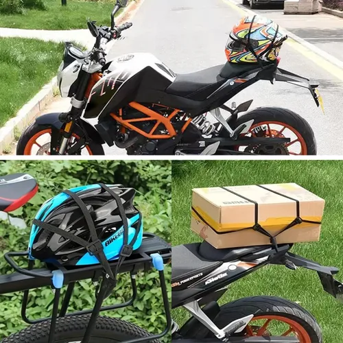 Vista 6 de 2 piezas de correa elástica retráctil de alta calidad para casco de motocicleta en negro, con malla para casco y 2 ganchos (23.6")