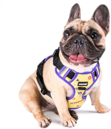 Vista 36 de iChoue Arnés para bulldog francés, ajustable, acolchado, hebilla bloqueada con asa para perros carlino francés, Boston Terrier inglés, azul, talla S