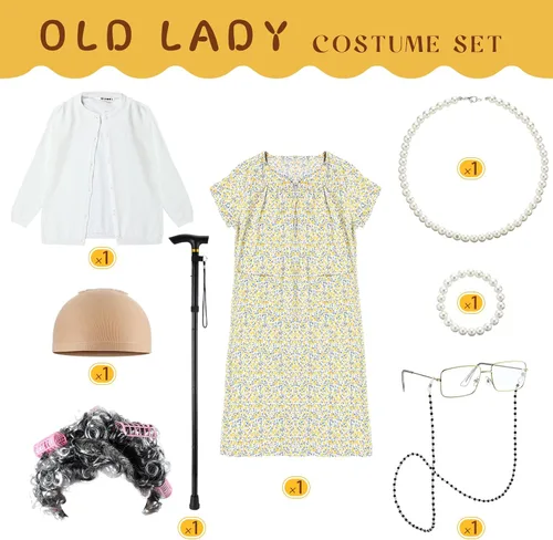 Vista 5 de 9 piezas de disfraz de anciana para niñas del día 100 de escuela, disfraz de abuela para Halloween, accesorios de cosplay