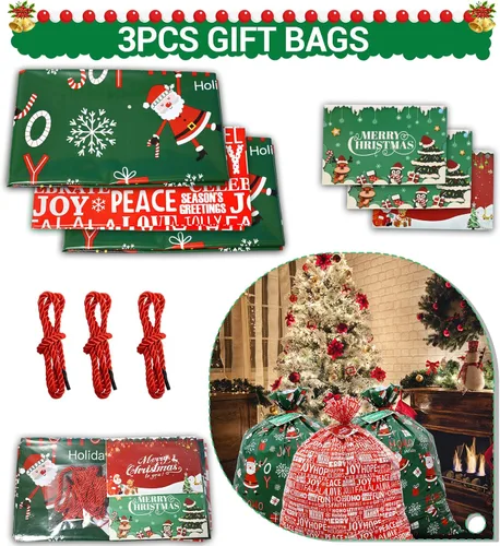 Vista 6 de ROSAUI Bolsas grandes de regalo de Navidad y tarjetas de regalo de Navidad, 3 bolsas de regalo de Navidad (44.09 x 35.43 pulgadas), bolsa de regalo