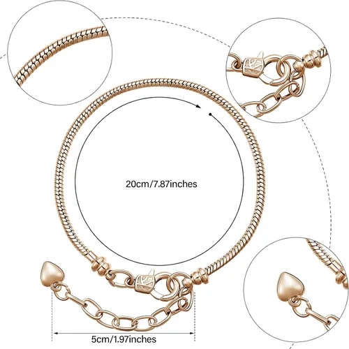 Vista 2 de Hicarer - 20 pulseras de serpiente ajustables para hacer joyas, cadenas de acero inoxidable doradas y plateadas con extensor de corazón