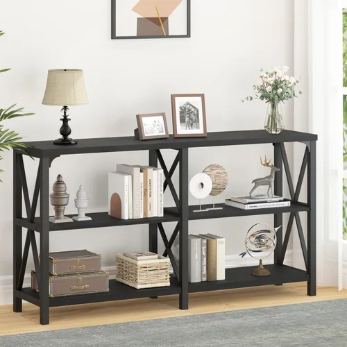 Vista 9 de LVB Mesa Consola Negra, Mesa de Entrada Moderna con 3 Niveles de Estantes de Almacenamiento, Mesa de Sofá Industrial Detrás del Sofá para Sala