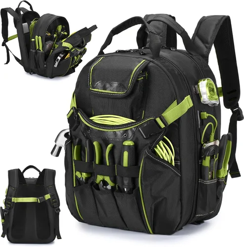 Vista 8 de Mochila de herramientas resistente con 52 bolsillos, bolsa de herramientas para hombres, bolsas impermeables para electricista con compartimento