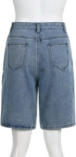Vista 6 de Pantalones cortos de mezclilla de cintura alta para mujer, Y2K Grunge Patchwork Stars Baggy Straight Leg Jean Shorts Hip Hop Goth Streetwear