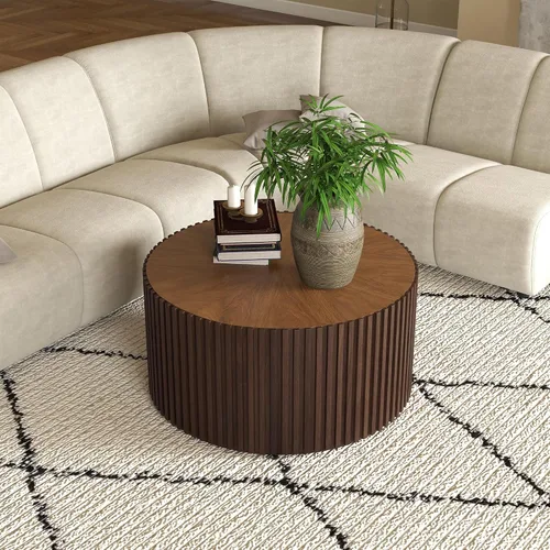 Vista 13 de POVISON Mesa auxiliar, mesa de centro redonda de madera, mesa auxiliar moderna para sala de estar, mesa de centro acanalada, color negro, totalmente