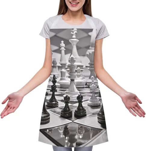 Vista 3 de Personalized Black And White Chess Adult Apron, Kitchen Cooking Aprons for Woman Man, Adjustable Bib Apron with Pocket for Baking, BBQ Crafting