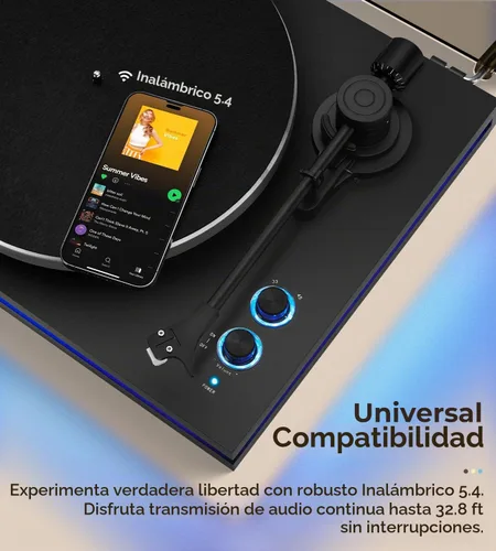Vista 3 de Vangoa Tocadiscos de vinilo con altavoces estéreo de 40 W, cartucho magnético AT-3600L, placa de aluminio, luz azul, tocadiscos Bluetooth moderno