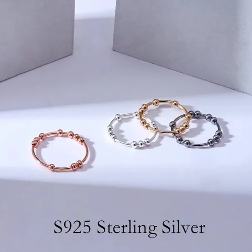 Vista 6 de Anillo de ansiedad para mujer, plata de ley S925, anillo giratorio para ansiedad, anillo de ansiedad con cuentas, anillo giratorio para aliviar