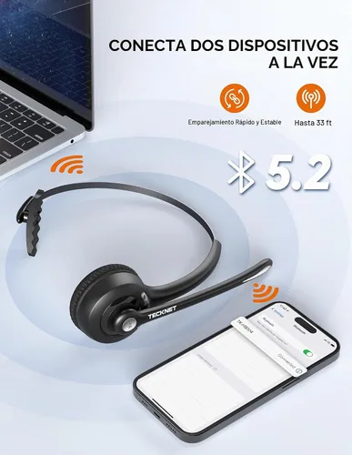 Vista 7 de TECKNET - Auriculares Bluetooth, auriculares inalámbricos con micrófono de cancelación de ruido para camionero, auriculares Bluetooth sobre la oreja
