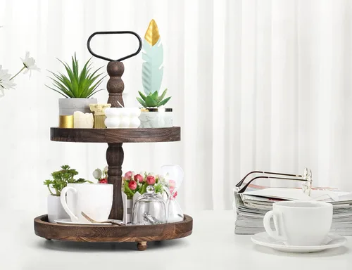 Vista 2 de Bandejas decorativas de madera de granja de dos niveles + bandeja de piel sintética, soporte de madera de 2 niveles para centro de mesa rústica