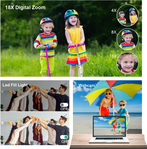 Vista 7 de Cámara digital para niños, adolescentes y principiantes - 1080P FHD 48MP, LCD de 2.83 pulgadas, zoom digital 18X y antivibración, tarjeta SD de 32