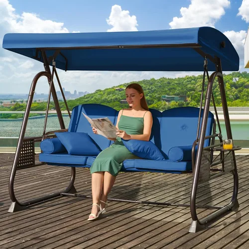 Vista 28 de Columpio de porche para exteriores 3 en 1 con toldo ajustable, columpio de 3 asientos para adultos, columpio de patio con cojines gruesos, almohadas