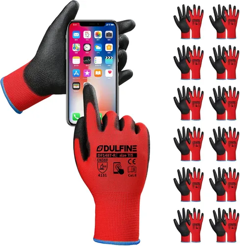 Vista 11 de DULFINE Guantes de trabajo ultrafinos con revestimiento de PU - 12 pares, excelente agarre, carcasa de nylon guantes de trabajo de seguridad