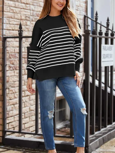 Vista 112 de Lillusory - Suéter extragrande con mangas de murciélago y cuello redondo para mujer, prenda moderna de otoño de tejido de punto sin botones